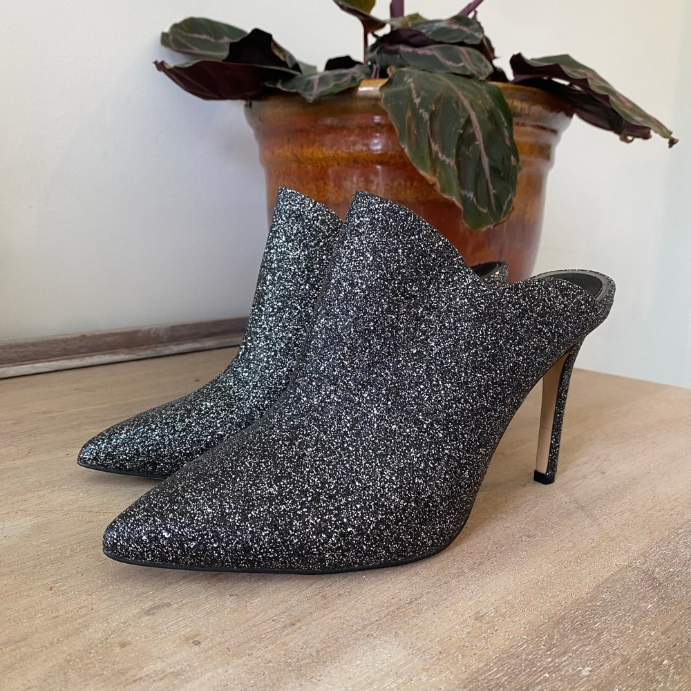 Gianni Bini Black Silver Mule Stiletto Glam Heels